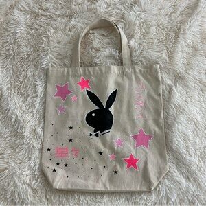 Canvas Tote Bag with Black Bunny and Pink Stars